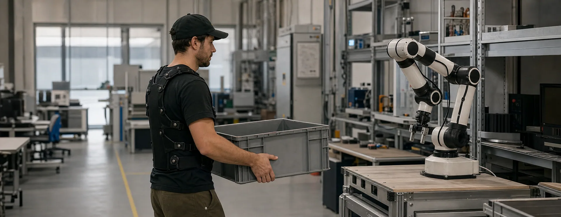 Real-world robotics data capture session in a technical workspace